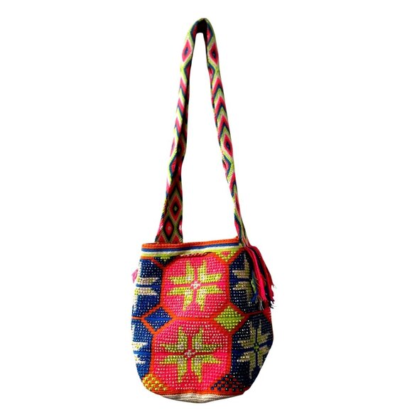WAYUU Handmade Crochet Beaded Crossbody Bag Multicolor Tasseled Bohemian Hippie - Picture 2 of 15